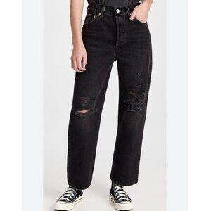 Levi’s Premium Ribcage Straight Ankle Jeans Black Distressed Size 24 High Rise